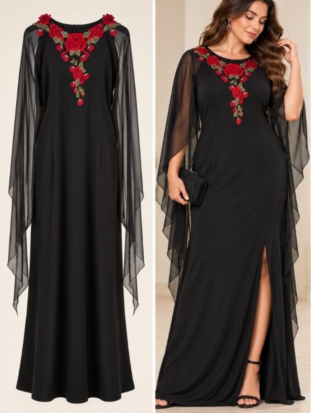 Black Dress with Red Floral Embroidery Size L
